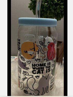 Cat’s Glass Cup with Lid & Straw – 20 oz